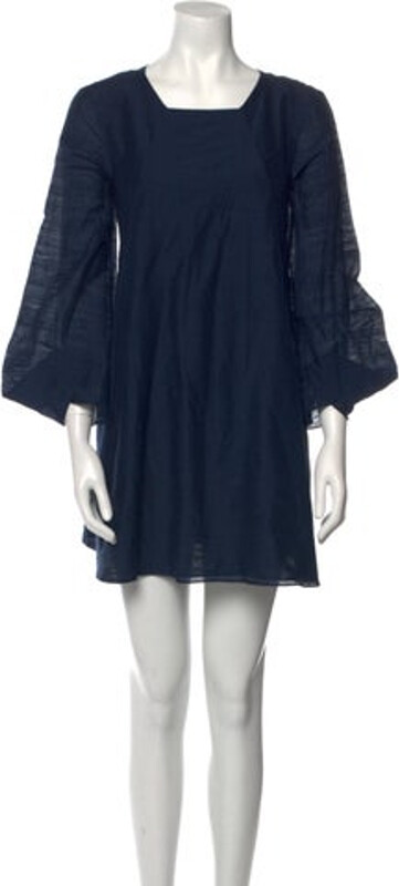 Halston Heritage Tent Dress Blue Pleated Accents Three-Quarter Sleeve with Square Neckline Button Closure at Back Designer
