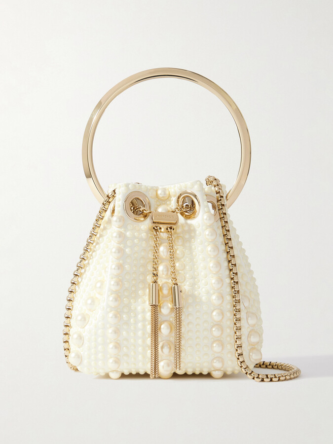 Jimmy Choo Bon Bon Micro Faux Pearl-embellished Satin Bucket Bag - Ivory