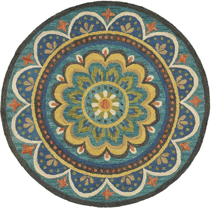 LR Home Daliah Teal/Multicolor 5 ft. Round Contemporary Hand-Tufted Floral Wool Indoor Area Rug