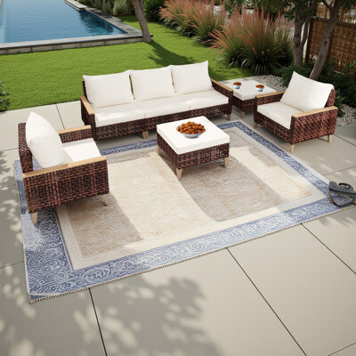 Latitude Run High Footed Hollowed Out Rattan Terrace Furniture Set 5 Pieces 7-Seater Sofa Set With 4-Inch Thick Cushions