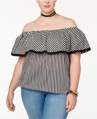 INC International Concepts Plus Size Cotton Striped Off-The-Shoulder Top, Created for Macy's