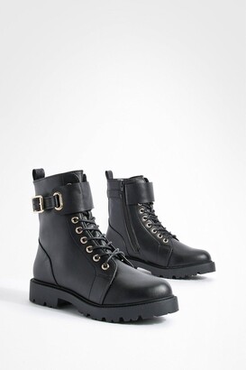 boohoo Wide Fit Buckle Detail Lace Up Hiker Boots