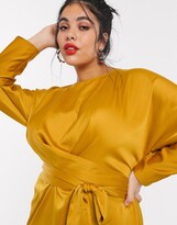 Thumbnail for your product : ASOS Curve DESIGN Curve satin maxi dress with batwing sleeve and wrap waist in mustard