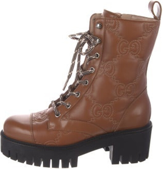 Gucci Leather Ankle Combat Boots Brown GG Logo Round-Toes Platform Lace-Up Closure at Uppers
