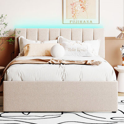 Latitude Run Teddy Fleece Queen Size Upholstered Platform Bed With Twin XL Trundle, Bed Frame