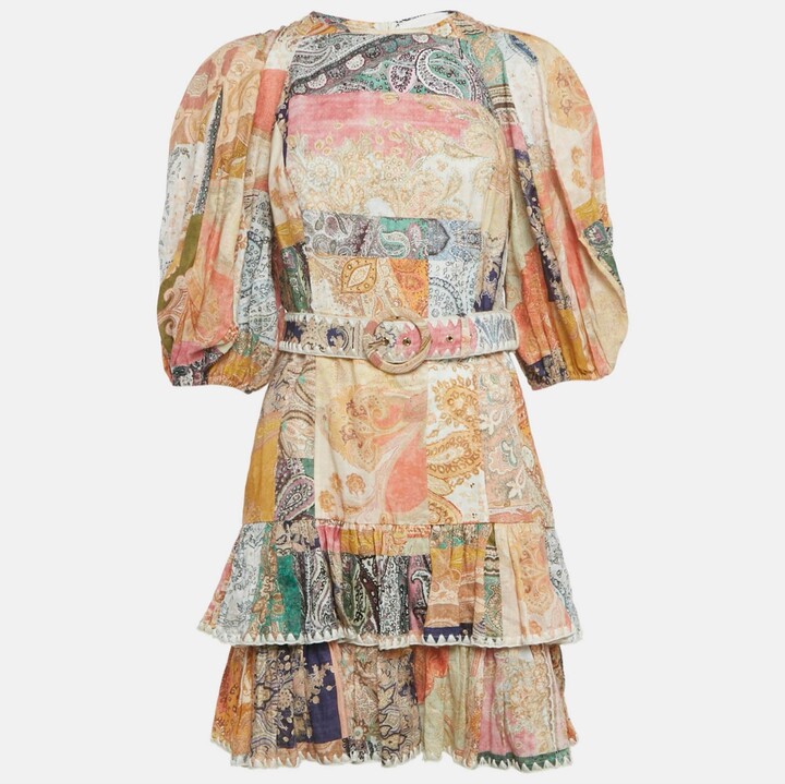 Pre-Owned Zimmermann Women's Multicolour Floral Print Linen Ruffle Hem Mini Dress