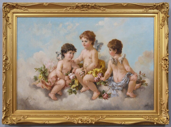 Charles Augustus Henry Lutyens, 19th Century genre oil painting of cherubs with flowers , C1880