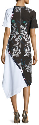 Cédric Charlier Short-Sleeve Asymmetric Floral-Print Dress, White