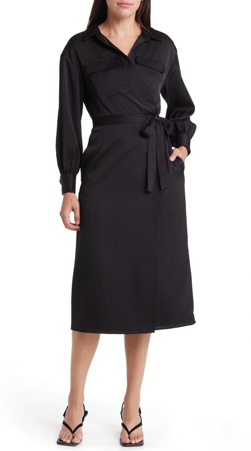 French Connection Harlow Long Sleeve Satin Midi Wrap Dress