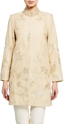 Bella Tu Bloom Jacquard Metallic Thread Jacket w/ Embellished Mandarin Collar