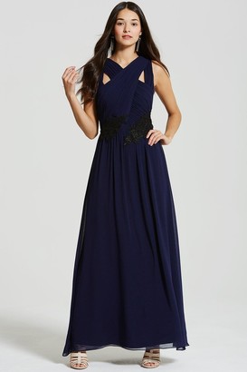 Little Mistress Navy and Black Applique Crossover Maxi Dress