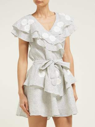 Innika Choo Ruffled Floral-embroidered Linen Mini Dress - Womens - Grey