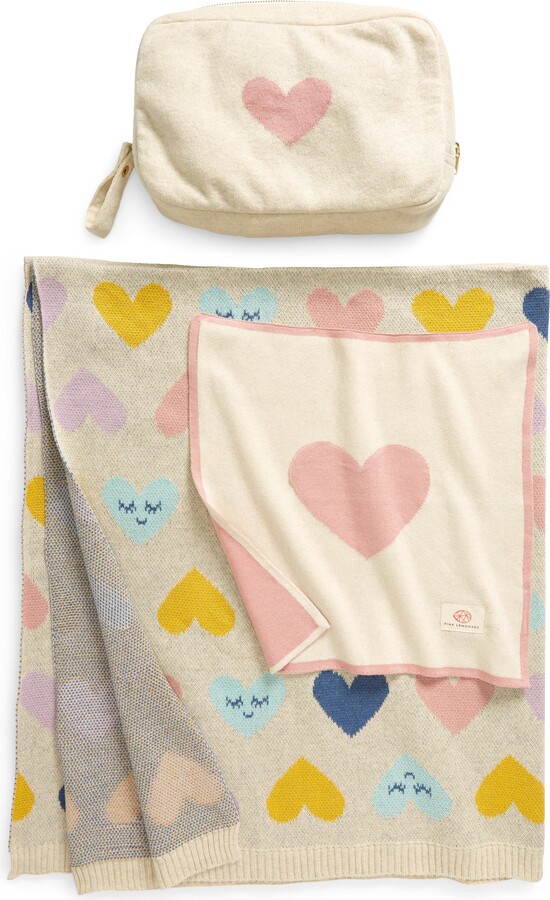 Pink Lemonade Smiley Hearts Organic Cotton Baby Blanket & Travel Pouch Set