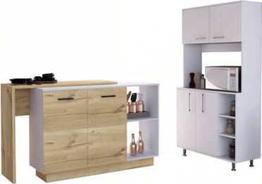 Latitude Run Dorchester 6-Shelf 6-Door 2-piece Kitchen Set, Kitchen Island and Pantry Cabinet White and Light Oak