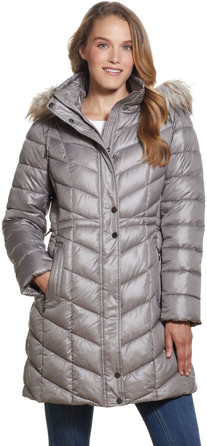 pale grey faux fur trim hooded puffer jacket