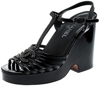 Chanel Black Patent Leather T-Strap CC Logo Wedge Platform Sandals Size 40  - ShopStyle