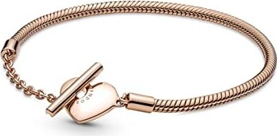 Pandora Moments Heart T-Bar Closure Snake Chain Bracelet - 14k Rose Gold Charm Bracelet for Women - Compatible Moments Charms - Features Rose - 16 cm