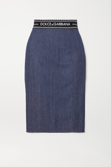 blue stretch denim skirt
