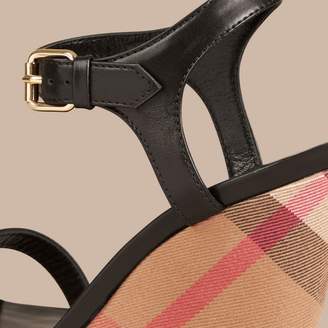 Burberry House Check Detail Leather Wedge Sandals
