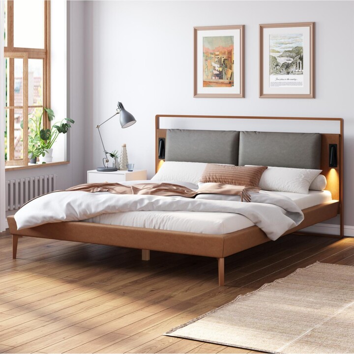 Streamdale Furniture Leather Bed with 2 Night Lights