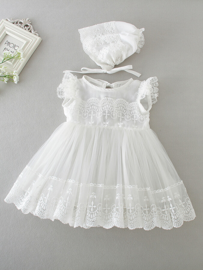 DMFGD 12 Months Baptismal Baby Lace Tulle Baby Girl Wedding Dress Birthday Ball Gowns Tutu Dress Formal Party Gowns with Hat