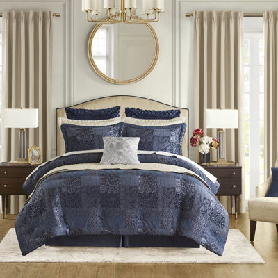 Kivaritio 2022 Enhanced Navy 4 Pcs King Comforter -  Solid Reverse Antique Satin Look Upgraded Firmness Hidden Zippers