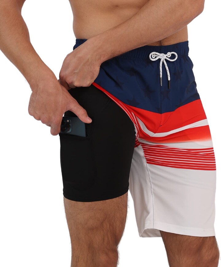 Arcweg Men's Swimming Shorts 2 in 1 Quick Dry Long Swimming Trunks with  Compression Lined Surfing Stretchy Beach Shorts with Zipper Pockets 2XL(UK)  - ShopStyle Swimwear