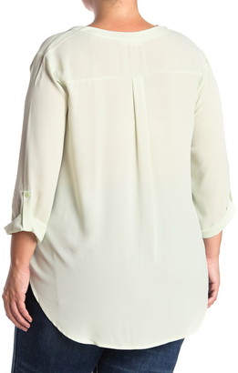 Lush V-Neck Roll Tab Sleeve Woven Top
