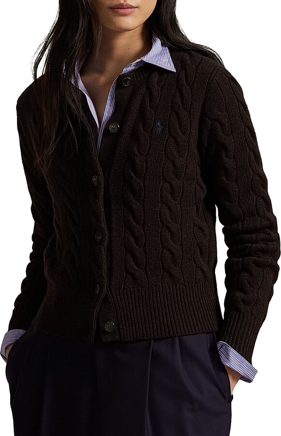 Women's Cable-Knit Wool-Cashmere Cardigan - Walnut Brown Melange - Size Large