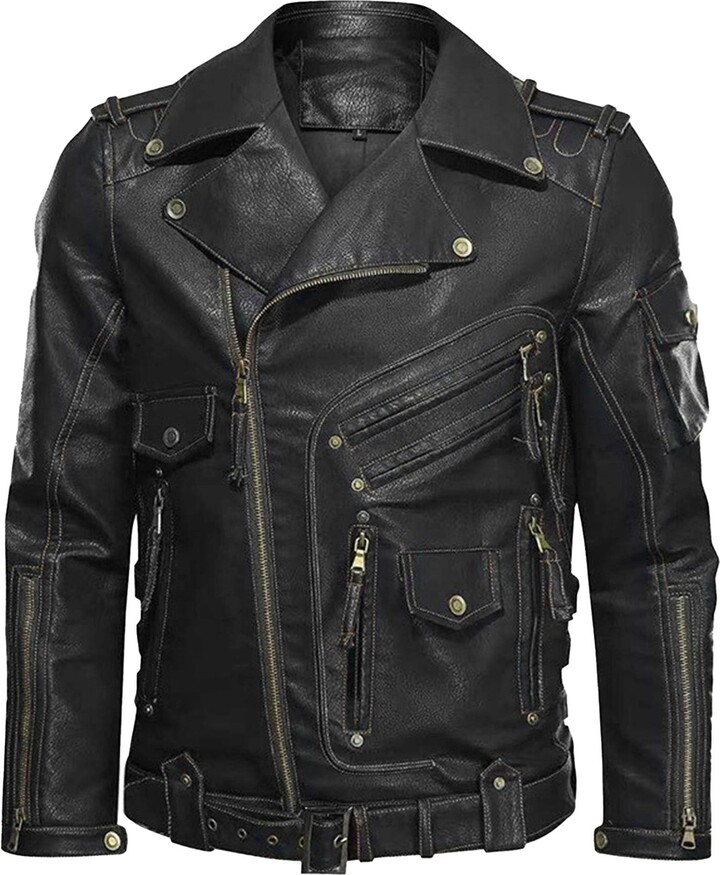 Mens Leather Jacket Zip Pockets ShopStyle UK
