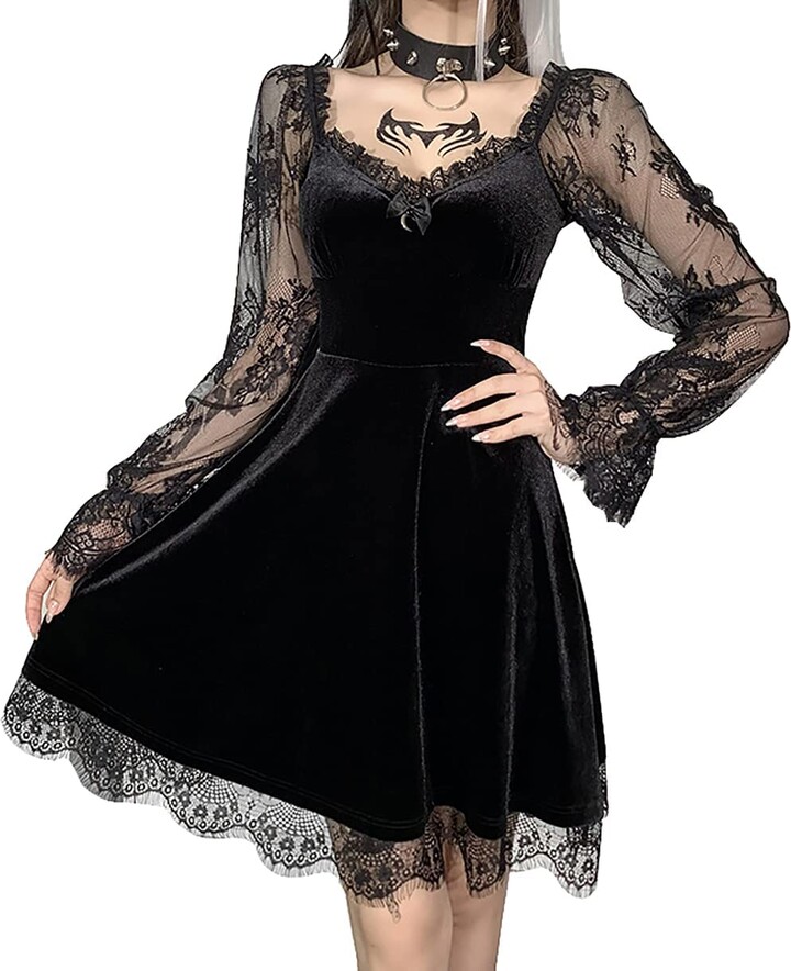 LANSHULAN Women Gothic Bat Sleeve Lace Patchwork Velvet Goth Vintage Dress For Halloween Costume Black