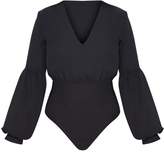 Thumbnail for your product : PrettyLittleThing Petite Wila Black Woven V Neck Puff Sleeve Thong Bodysuit