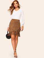 Thumbnail for your product : Shein Asymmetrical Fringe Trim Wrap Suede Skirt