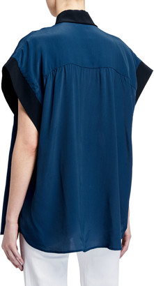 7 For All Mankind Draped-Shoulder Top with Contrast Cuffs