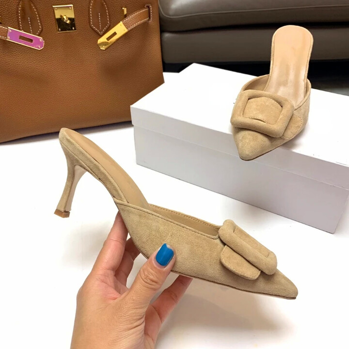 Yuejinlong 2024 New Muller Shoes Women & apos;s Shallow Mouth Pointed Toe Middle Heel Square Buckle Stiletto Baotou Women & apos;s Half Slippers