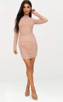 Thumbnail for your product : PrettyLittleThing Nude Sheer Mesh Ruched Long Sleeve Bodycon Dress