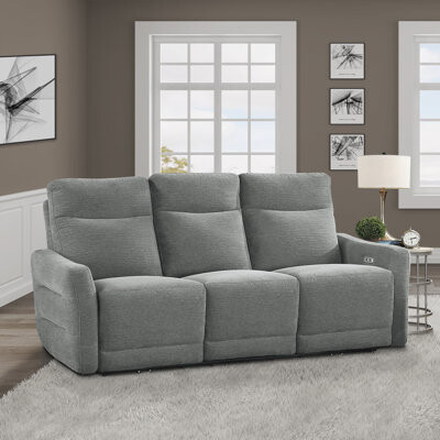 Hokku Designs Frett 78" Modern & Contemporary Chenille Power Double Reclining Sofa with Power Adjustable Headrest, Built-in USB