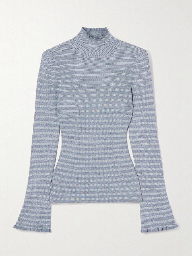Proenza Schouler White Label Phyllis Ruffled Striped Ribbed-knit Turtleneck Sweater - Blue