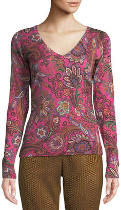 V-Neck Long-Sleeve Paisley-Print Silk-Cashmere Sweater