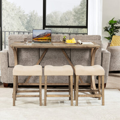 4 Brown Bar Table With Power Facilities. Wooden Construction, Breathable Seat Cushions, Space Idea Power-integrated And Chairs In Brown. Top, Soft Foa