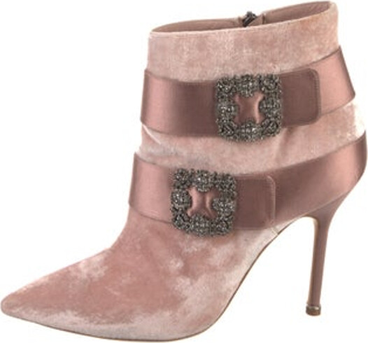 Manolo Blahnik Velvet Ankle Boots Pink Printed Pointed-Toes Exposed Zip Closure at Sides Includes Box Designer