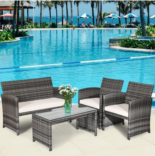 Costway Costway4PCSPatioRattanFurnitureSetConversationGlassTableTopCushionedSofaWhite