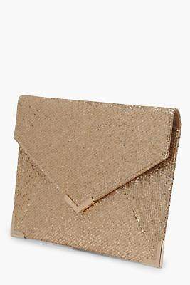 boohoo Womens Yasmin Glitter Envelope Metal Detail Clutch in Gold size One Size