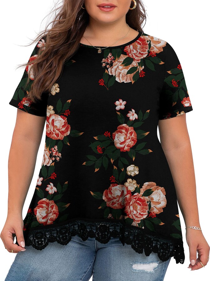 Women Summer Short Sleeve T Shirt Crew Neck Casual Floral Tops Size Plus Blouse