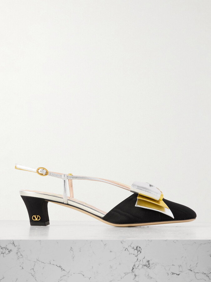 Valentino Garavani Bowow 45 Two-tone Metallic Leather And Moiré Slingback Pumps - Black