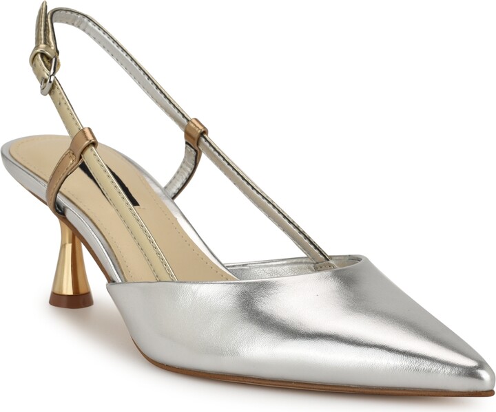Nine West Women's Rhonda Kitten Heel Slingback Pumps - Silver/Gold