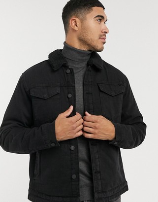 ONLY & SONS denim jacket with borg collar in black - ShopStyle