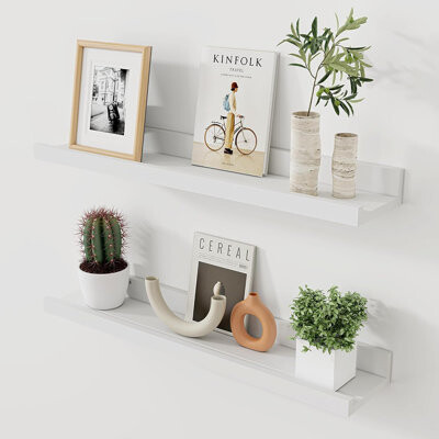 Ophelia & Co. Floating Solid Wood Picture Ledge – Set Of 2 White Wall-mounted Shelves For Books Photos & Home Decor