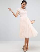 Thumbnail for your product : Little Mistress Short Sleeve Lace Bodice Midi Dress With Tulle Skirt