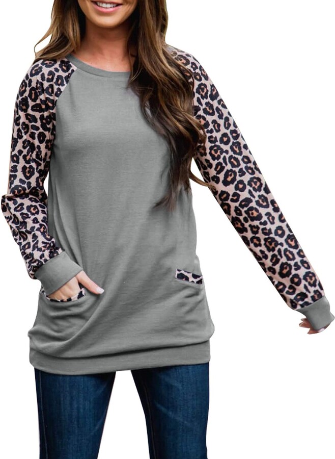 Diukia Women's Casual Leopard Color Block Long Sleeve Pullover Tops Crewneck Tunic Shirts